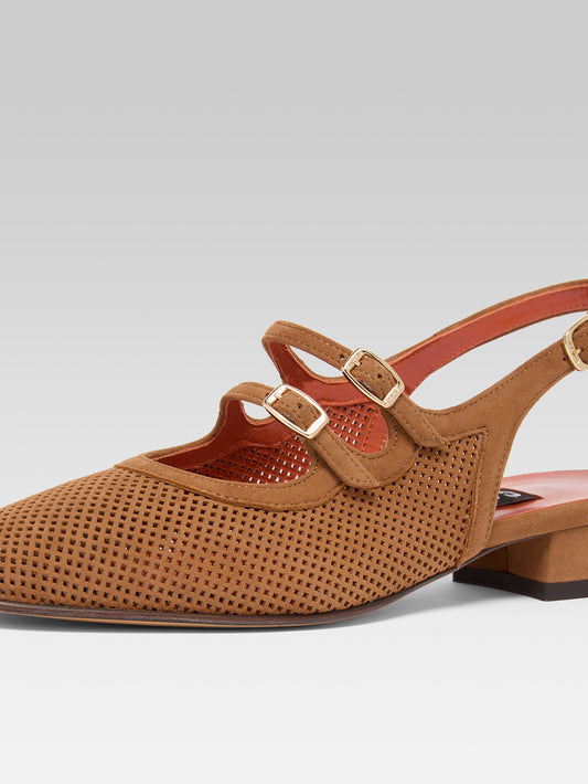 Peche - Cognac perforated suede leather slingback Mary Janes - Image number 2