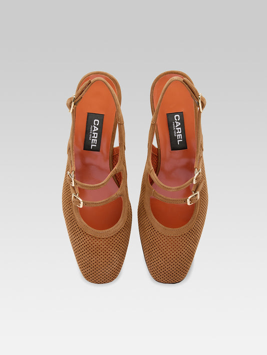 Peche - Cognac perforated suede leather slingback Mary Janes - Image number 7