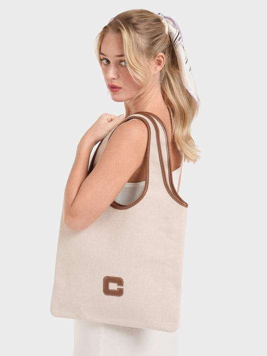 Alésia - Ecru fabric and camel leather bag - Image number 7