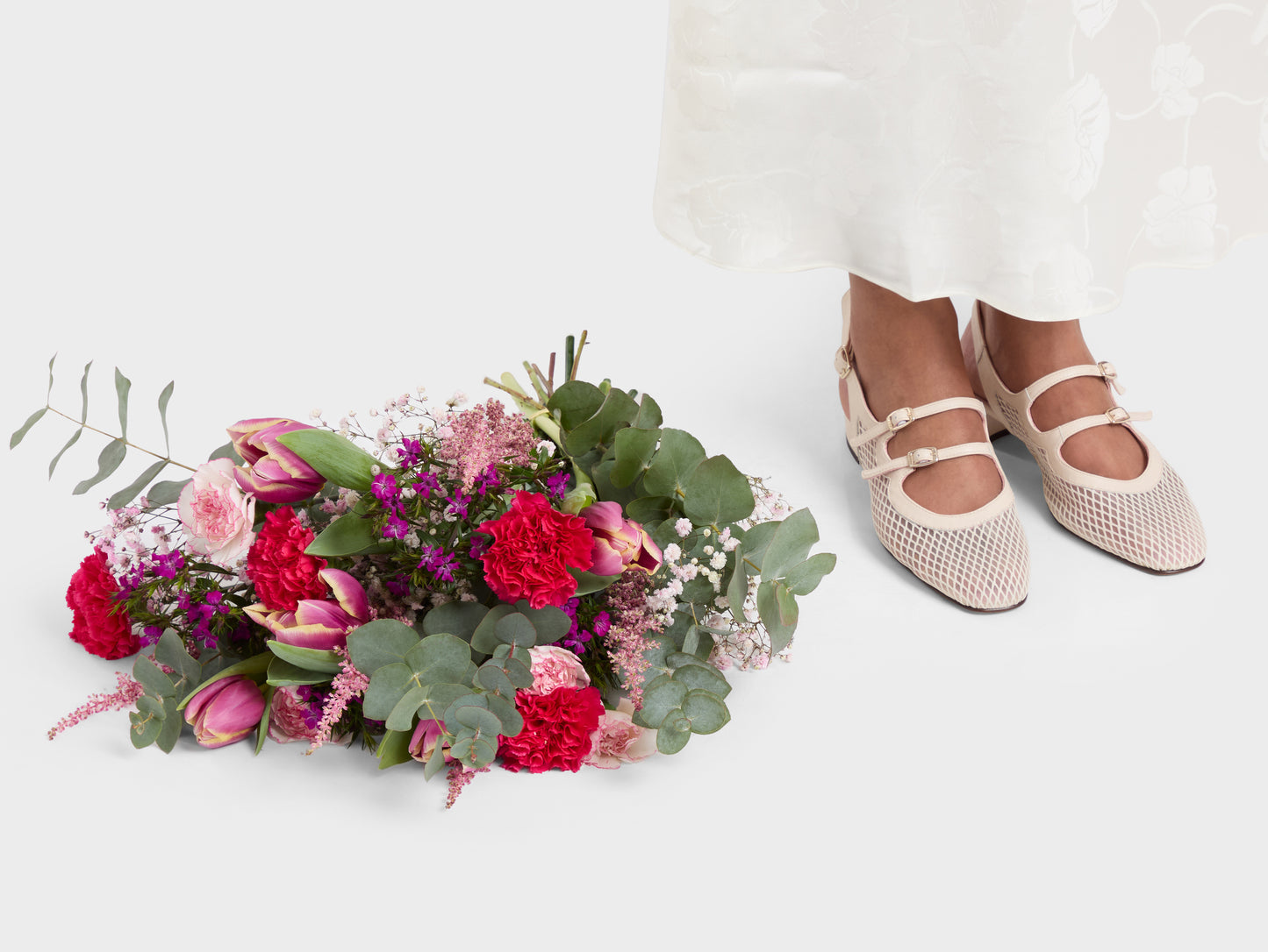 Peche - Ivory mesh and leather slingback Mary Janes