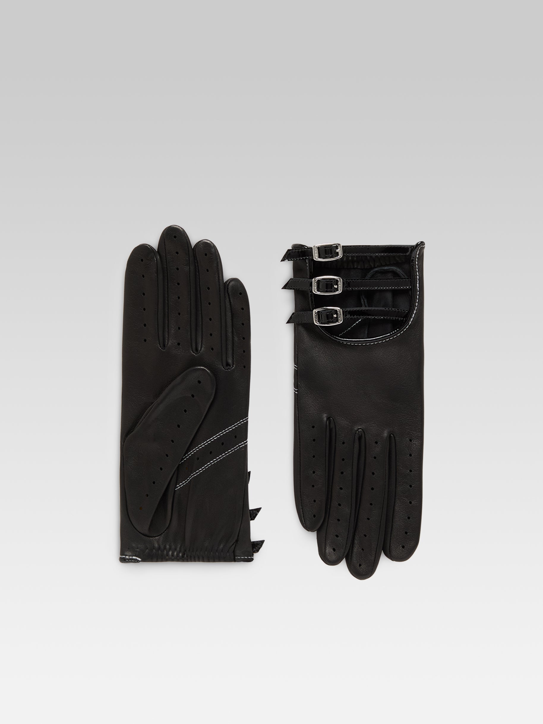 Rose - Black leather strappy gloves with white stitching - Image number 1