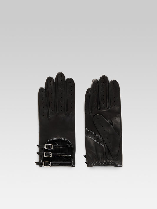Rose - Gants à brides cuir noir et surpiqûres blanches - Image numéro 2