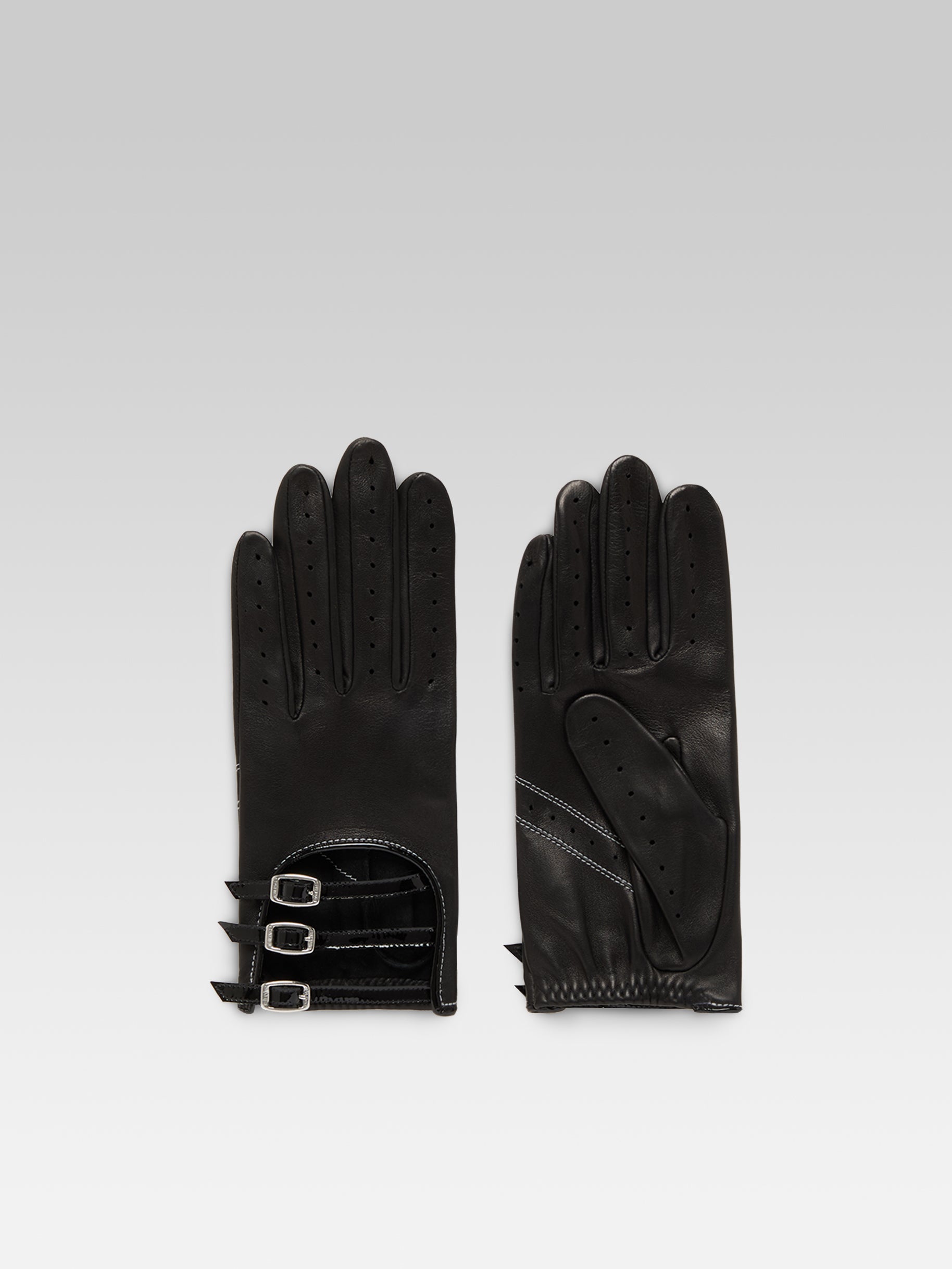 Rose - Black leather strappy gloves with white stitching - Image number 2
