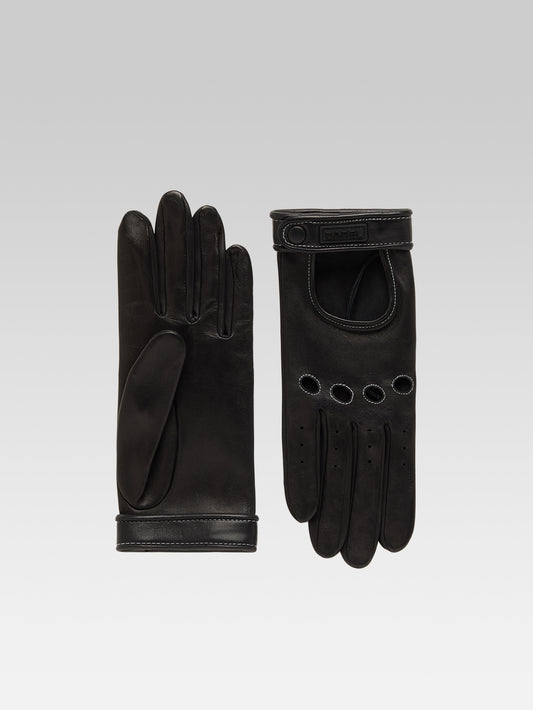 Rose - Black leather gloves with white stitching