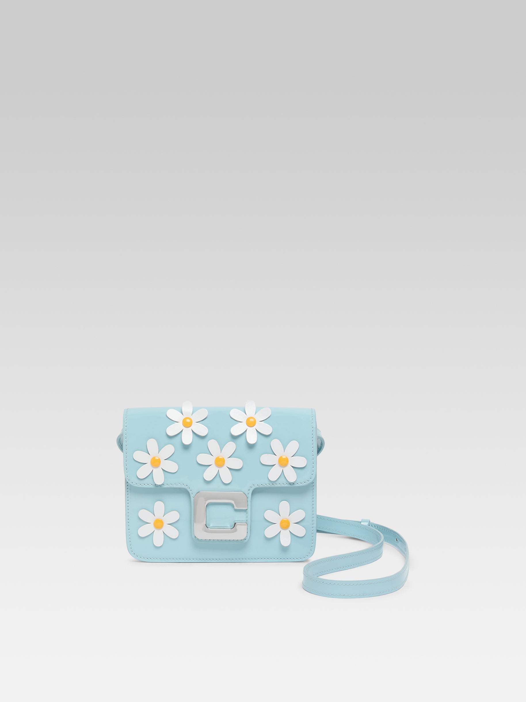 Daisy M - Sac cuir verni bleu clair et marguerites