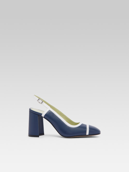 Alizee - Escarpins slingback cuir bleu marine et blanc