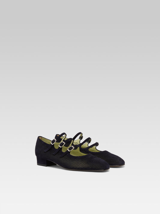 Ariana - Navy perforated suede  leather Mary Janes ballet flats - Image number 3
