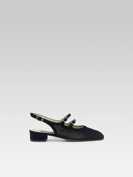 Peche - Navy blue perforated suede slingback Mary Janes