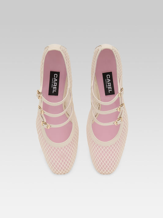 Kina - Escarpins babies résille et cuir ivoire - Image numéro 4