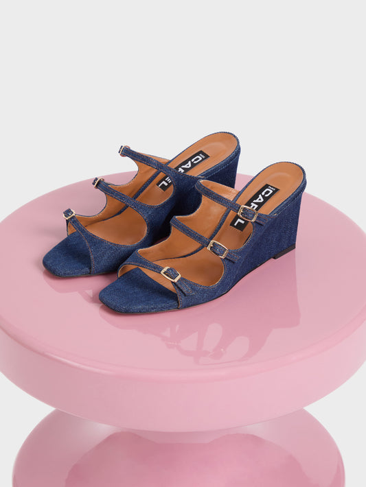Katy - Raw denim fabric wedge mules - Image number 9