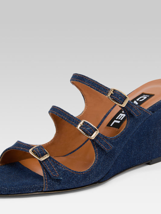 Katy - Raw denim fabric wedge mules - Image number 2