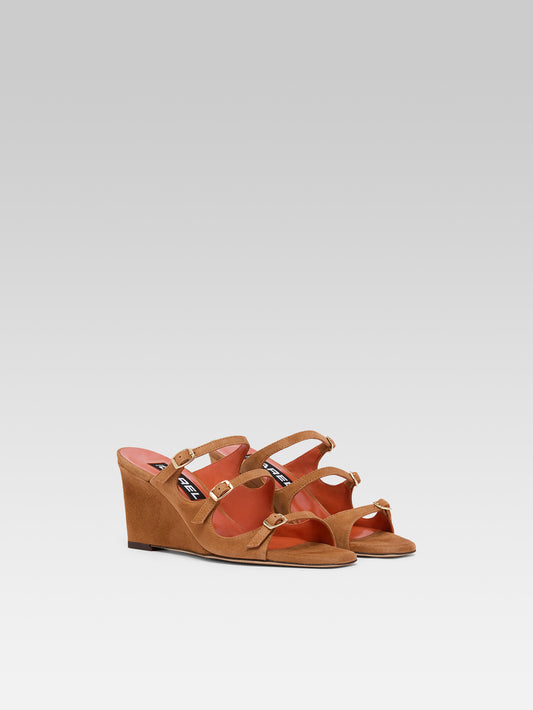 Katy - Cognac suede leather wedge mules - Image number 3