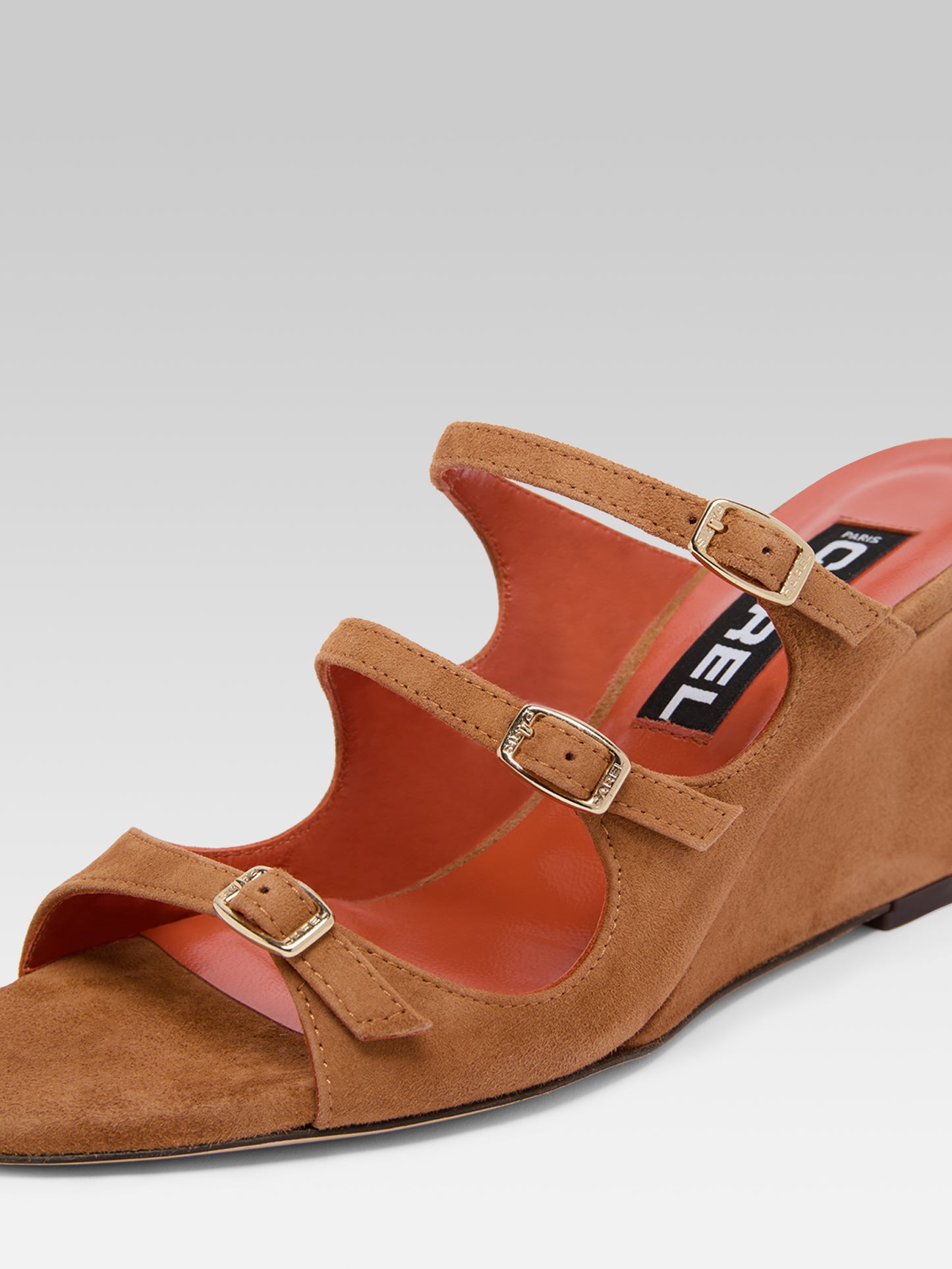 Katy - Cognac suede leather wedge mules