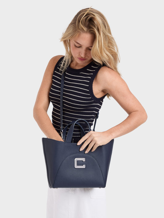 Clem - Mini tote bag upcycled navy blue grained leather - Image number 4