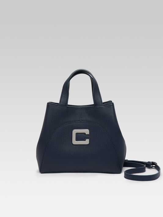 Clem - Mini sac cabas cuir grainé bleu marine upcyclé