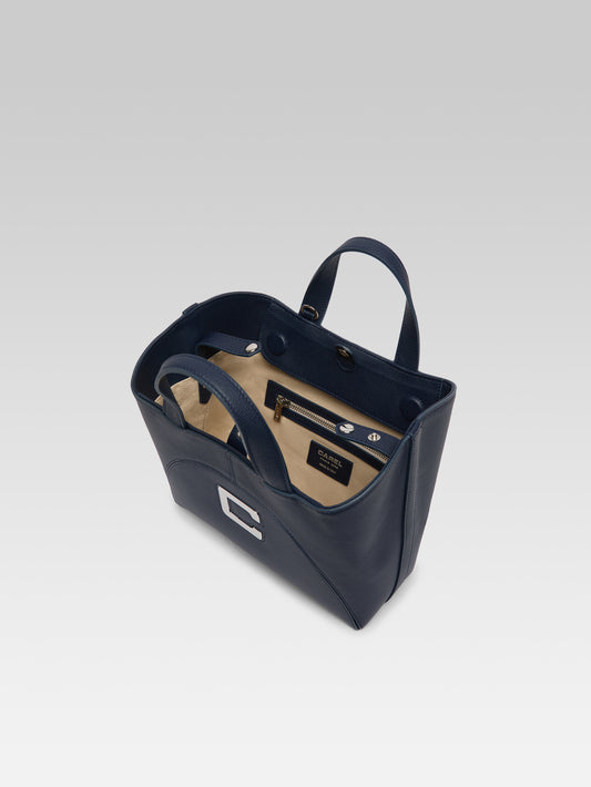 Clem - Mini sac cabas cuir grainé bleu marine upcyclé - Image numéro 4