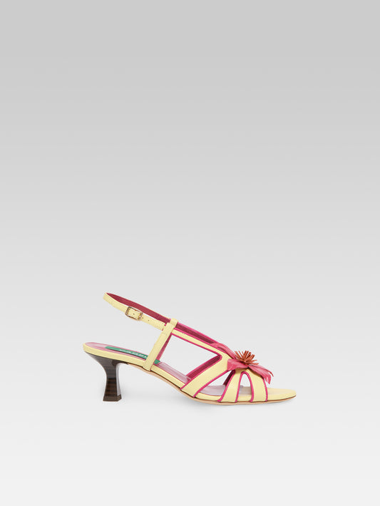 Acai - Lemon leather heeled sandals with rose flower - Image number 1