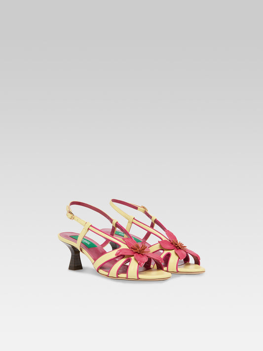 Acai - Lemon leather heeled sandals with rose flower - Image number 2