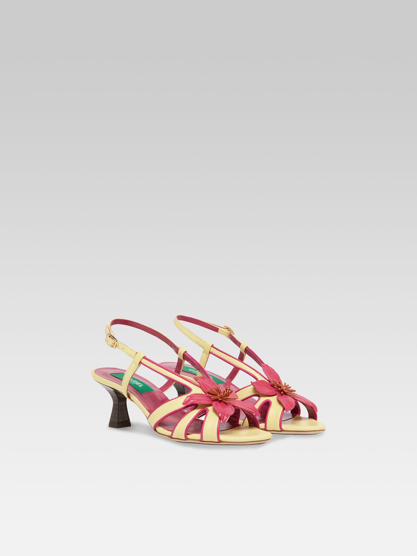 Acai - Lemon leather heeled sandals with rose flower