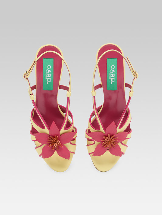 Acai - Lemon leather heeled sandals with rose flower - Image number 4