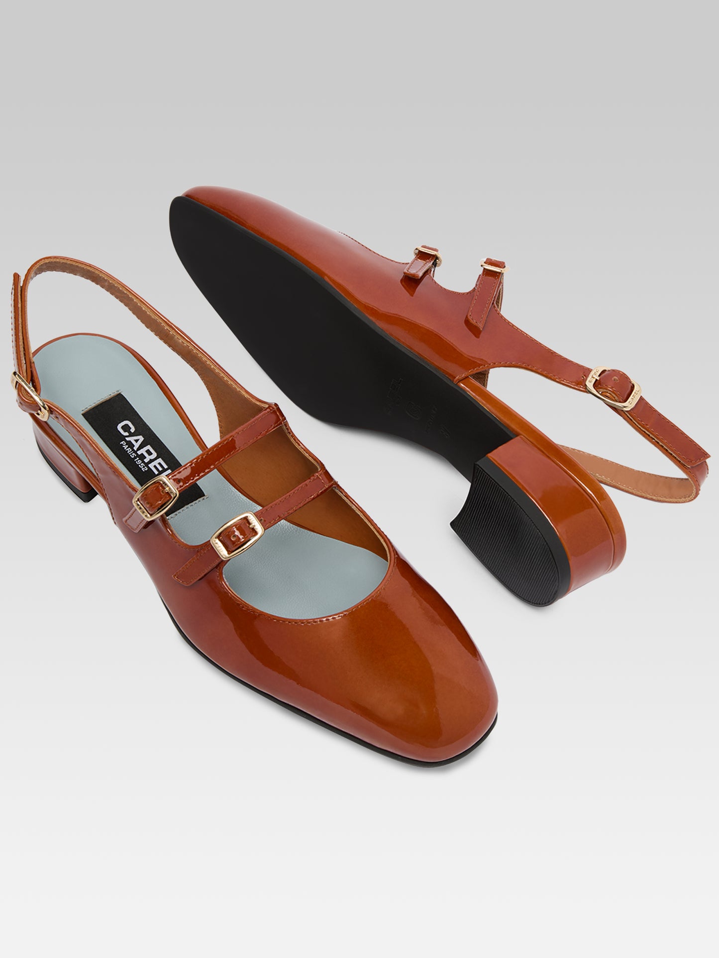 Peche - Caramel patent leather slingback Mary Janes