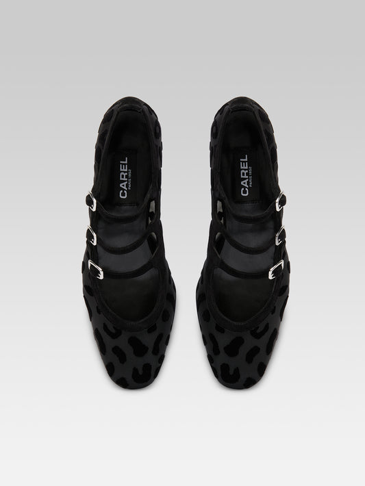 Ariana r - Black suede leather jaguar print and mesh Mary Jane ballet flats - Image number 4