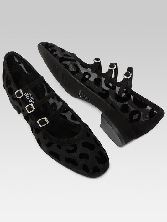 Ariana r - Black suede leather jaguar print and mesh Mary Jane ballet flats - Image number 5