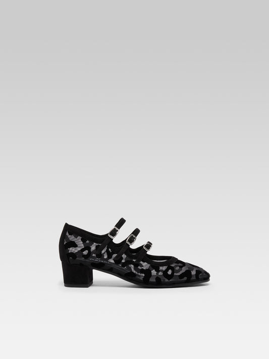 Kina R - Black mesh and jaguar print suede leather Mary Jane ballet flats
