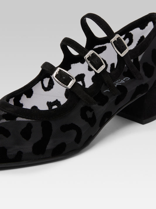 Kina R - Black mesh and jaguar print suede leather Mary Jane ballet flats - Image number 4