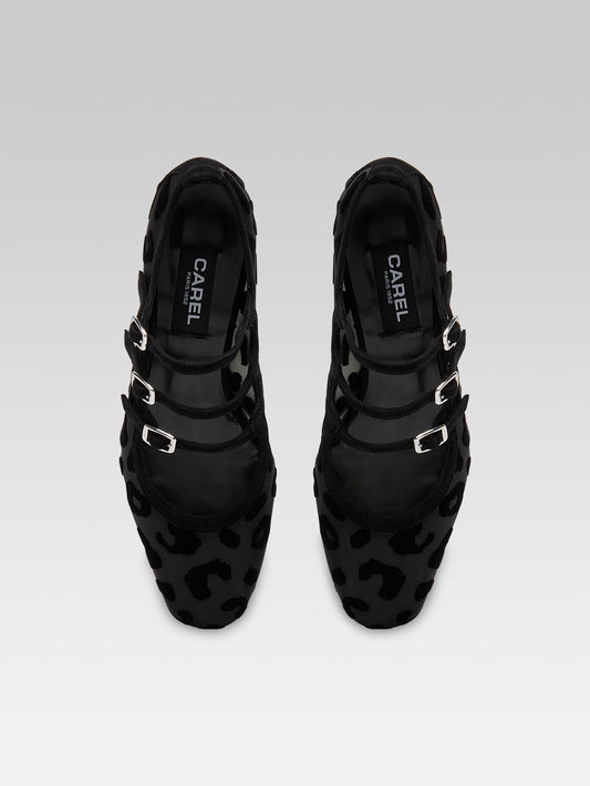 Kina R - Black mesh and jaguar print suede leather Mary Jane ballet flats - Image number 3