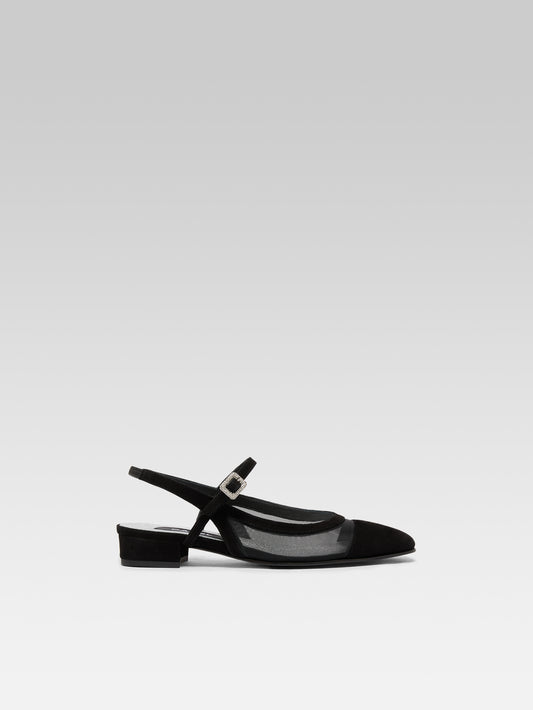 Oceanight - Black suede leather and mesh slingbacks