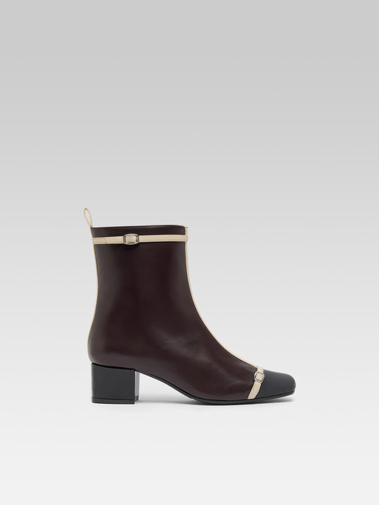Start - Aubergine leather and black patent leather ankle boots with patent leather straps 