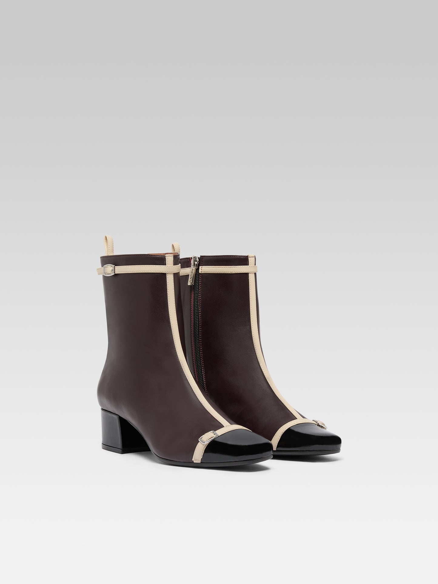 Start - Aubergine leather and black patent leather ankle boots with patent leather straps 