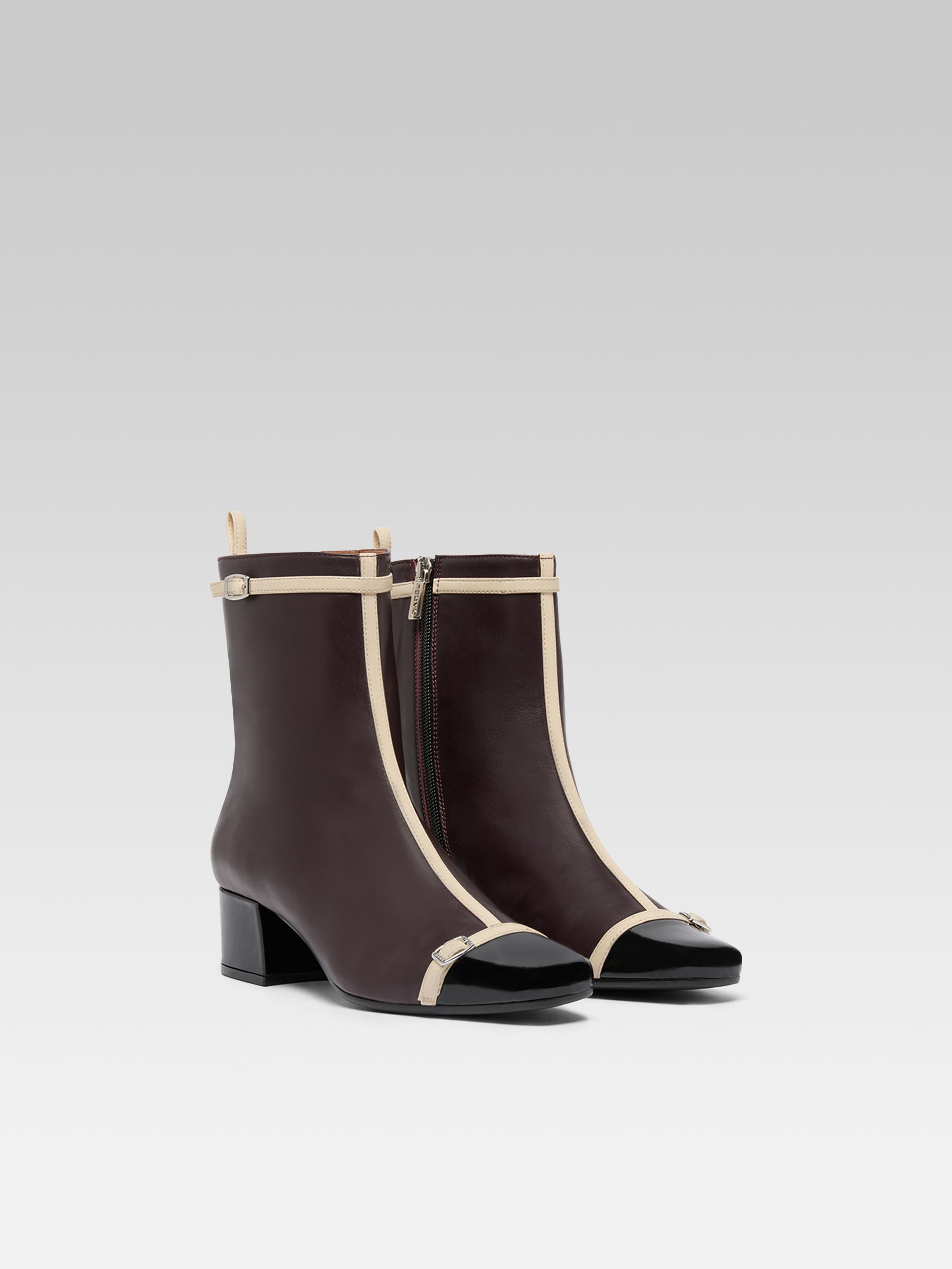 Start - Aubergine leather and black patent leather ankle boots with patent leather straps  - Image number 2