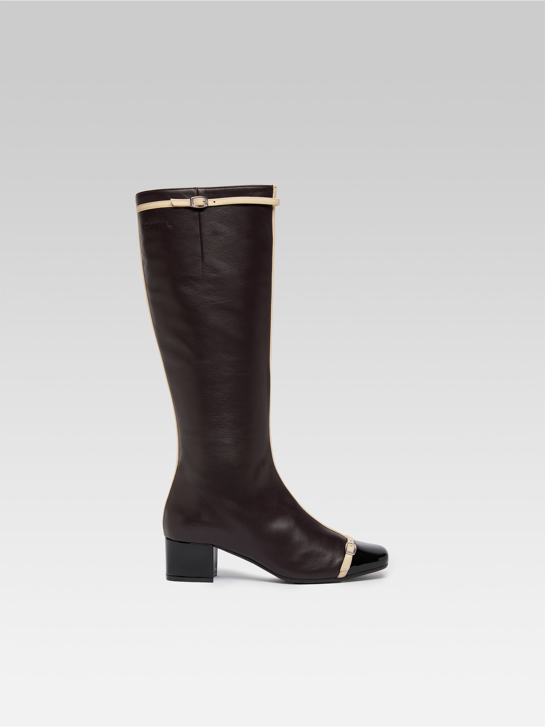 Starter - Aubergine leather and black patent leather boots with ivory straps
