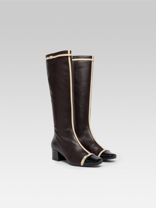 Starter - Aubergine leather and black patent leather boots with ivory straps - Image number 2
