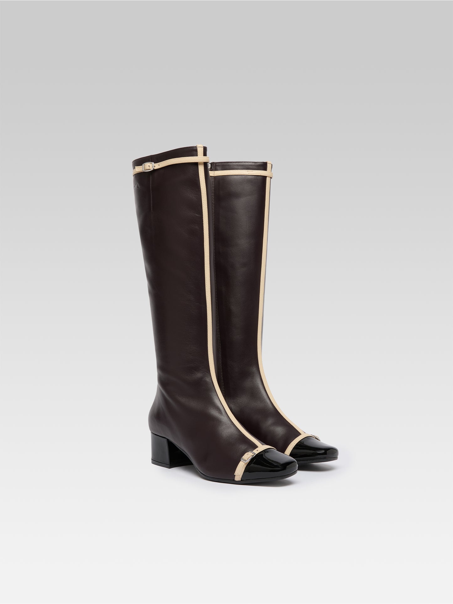 Starter - Aubergine leather and black patent leather boots with ivory straps