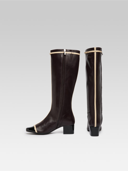 Starter - Aubergine leather and black patent leather boots with ivory straps - Image number 3