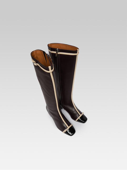 Starter - Aubergine leather and black patent leather boots with ivory straps - Image number 4