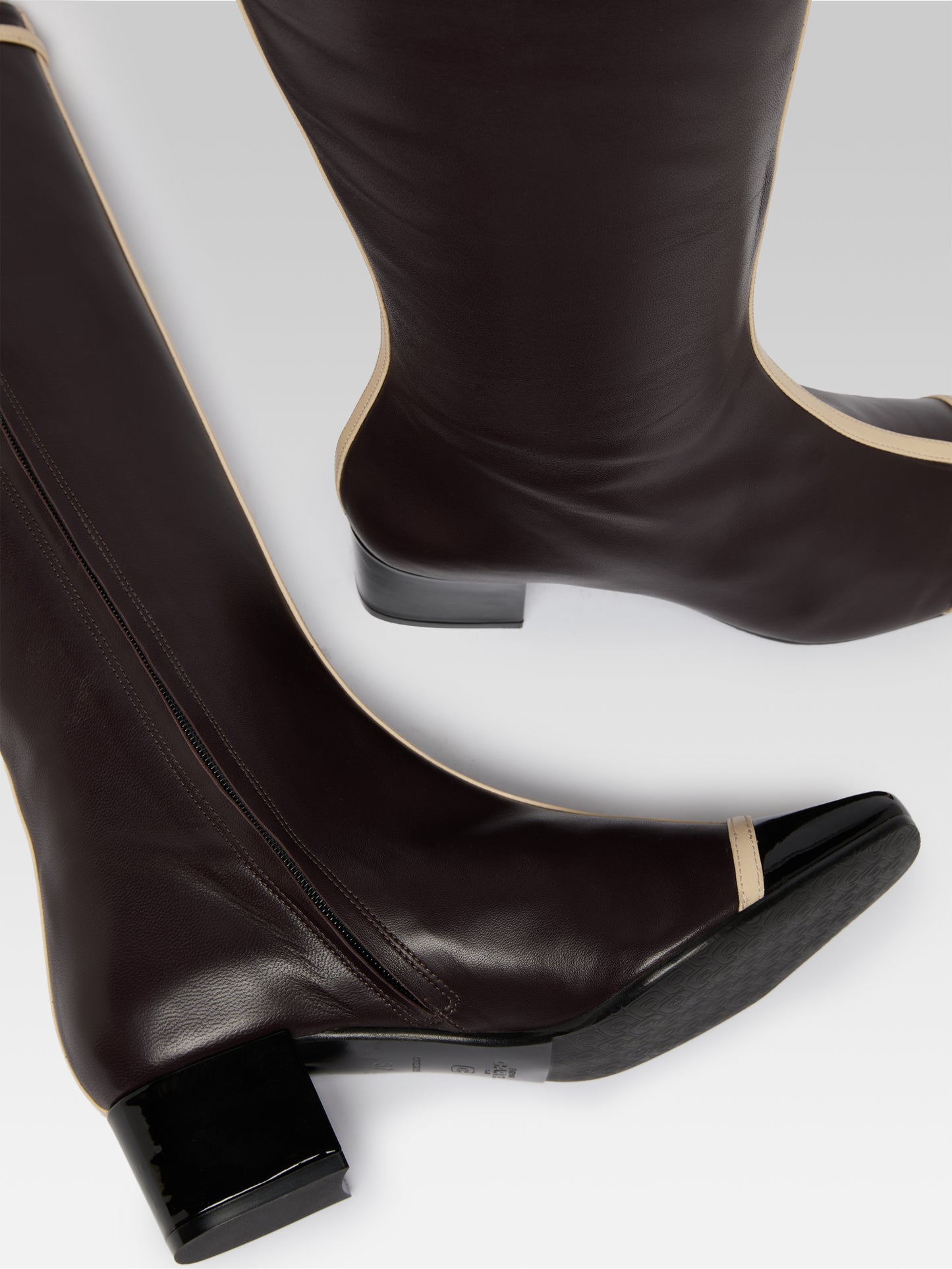 Starter - Aubergine leather and black patent leather boots with ivory straps