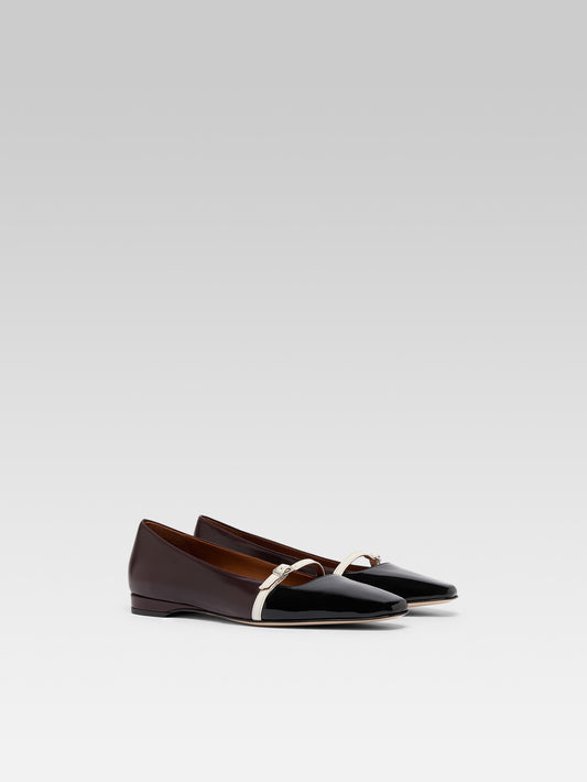 Mili - Ballerines à bride cuir aubergine ivoire et verni noir - Image numéro 2