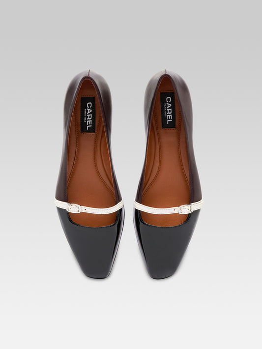 Mili - Ballerines à bride cuir aubergine ivoire et verni noir - Image numéro 4