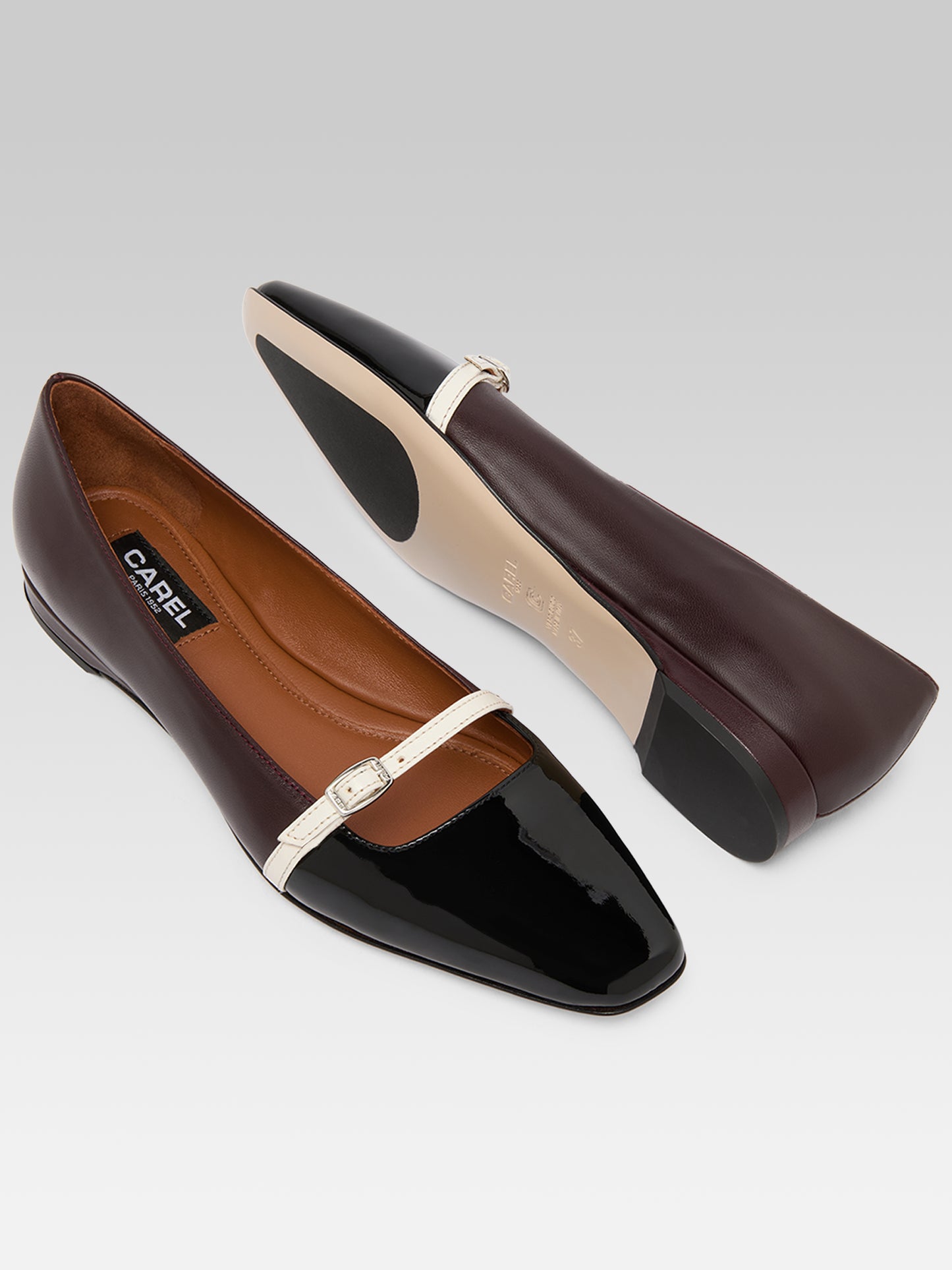 Mili - Ballerines à bride cuir aubergine ivoire et verni noir