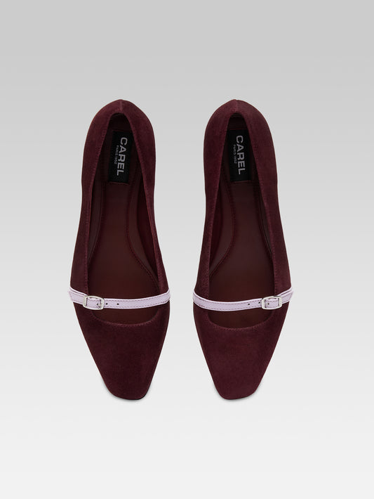 Mili - Ballerines à bride cuir velours bordeaux et cuir verni lilas - Image number 3