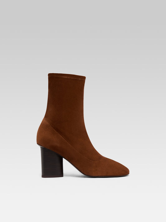 Lucia - Cognac stretch suede ankle boots