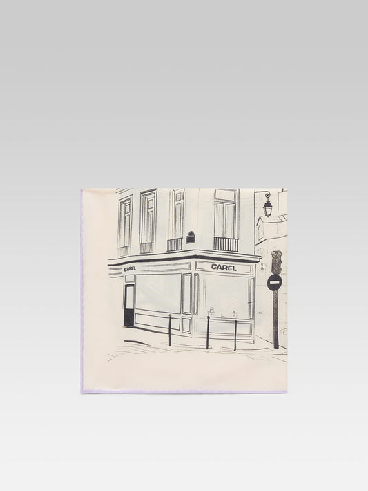 Marais - Foulard en soie imprimée ivoire, noir et lilas - Image numéro 1