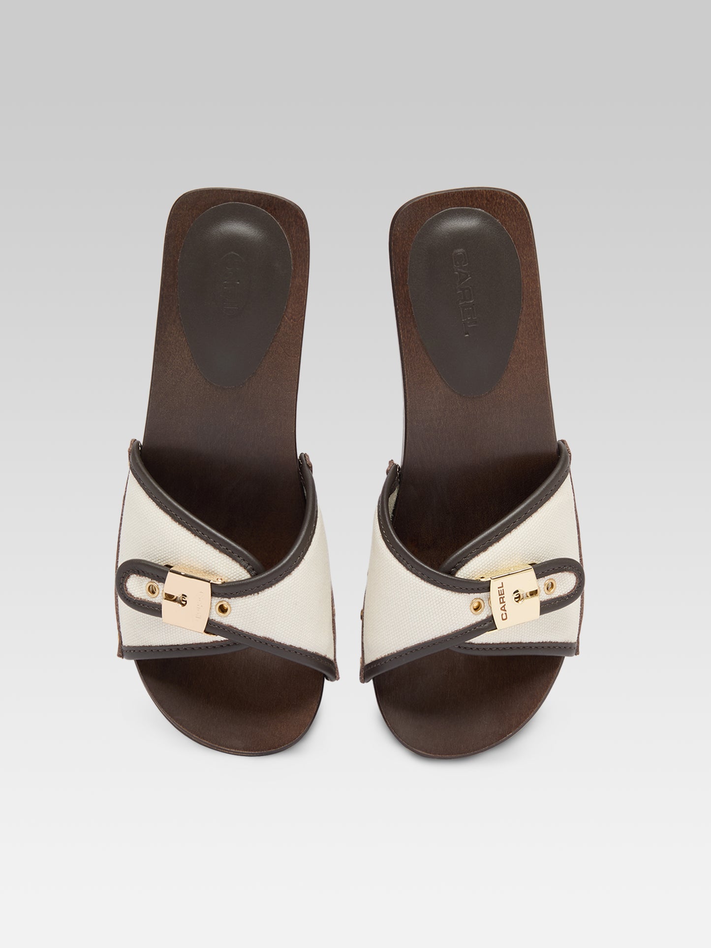 Pescarel - Brown leather and beige canvas clogs