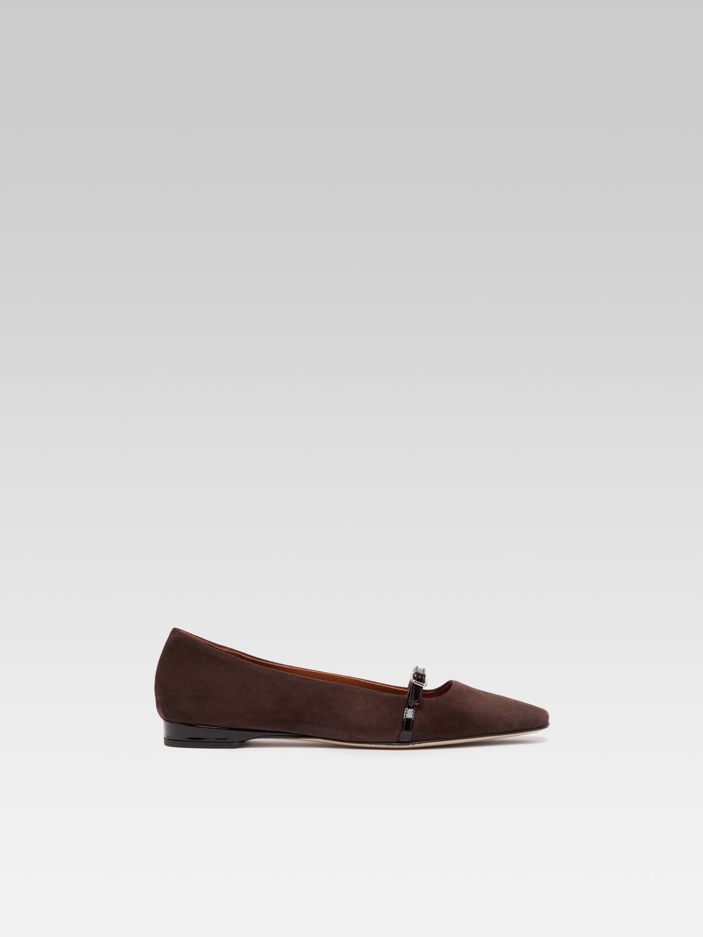 Mili - Chocolate Suede and Patent Leather ballet flats with strap