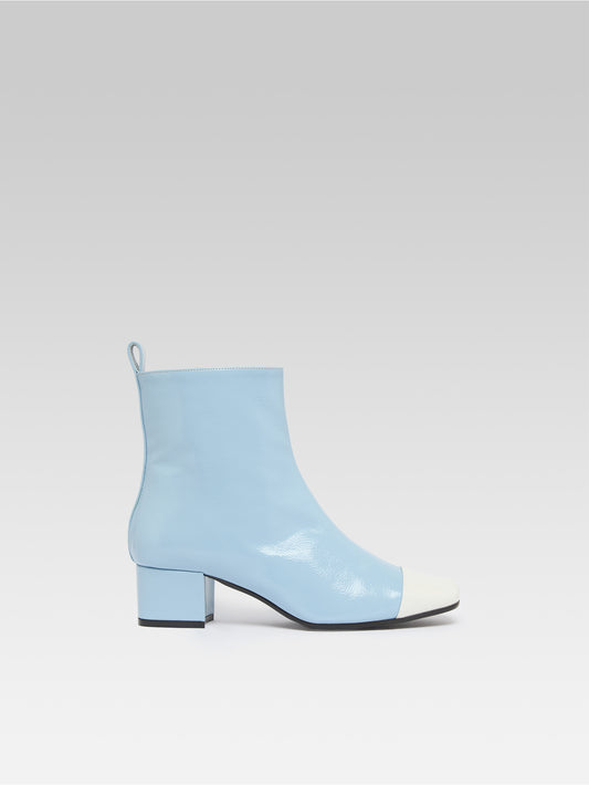Estime - Bottines cuir verni bleu ciel et ivoire