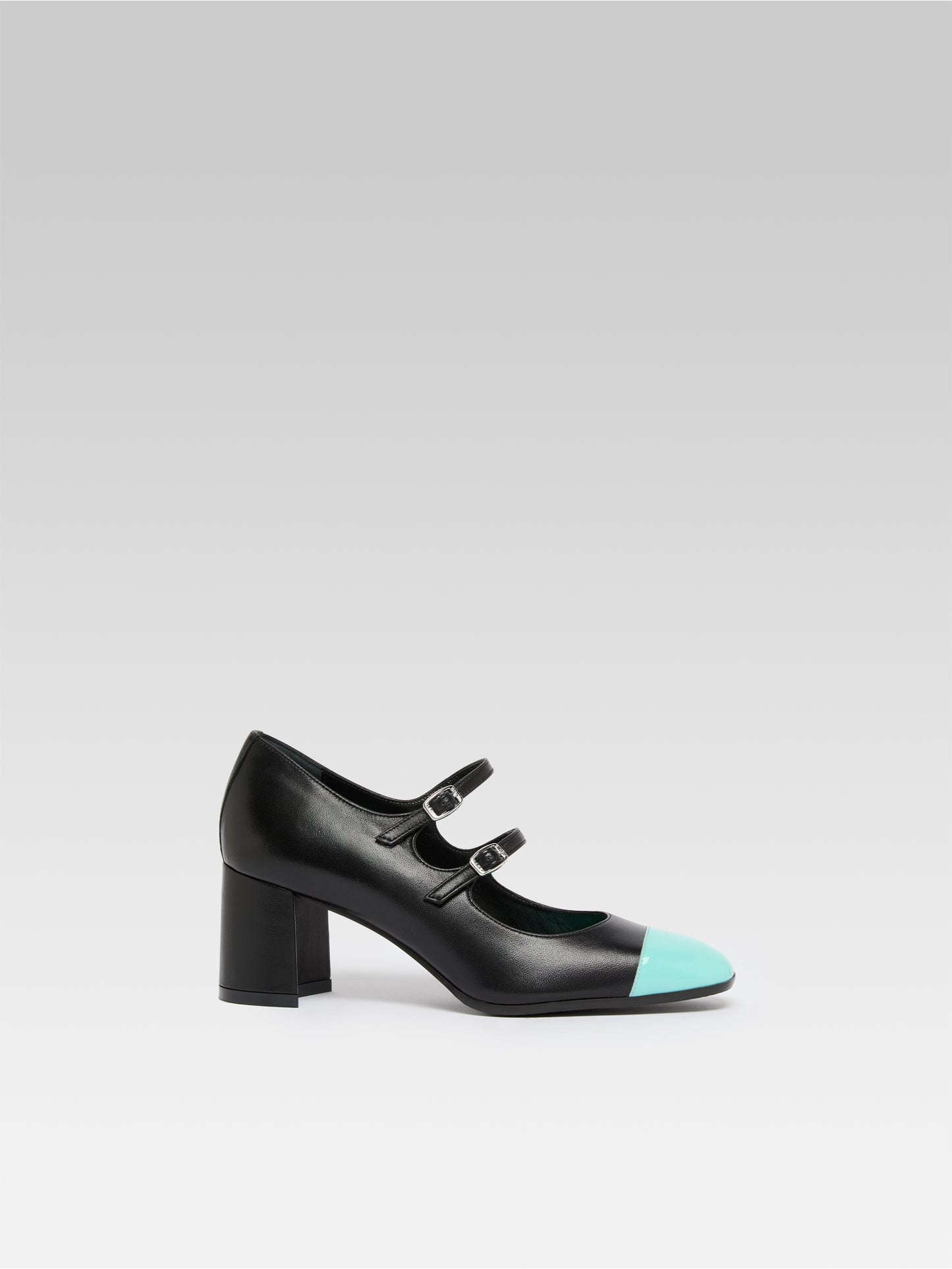 Cherry - Escarpins babies cuir noir et cuir verni turquoise